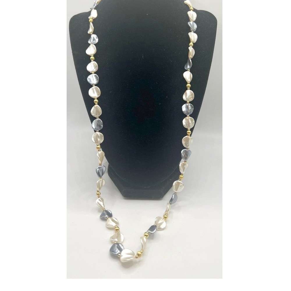 Long 28" Gray Cream Faux‎ Pearl Gold Tone Statement Necklace